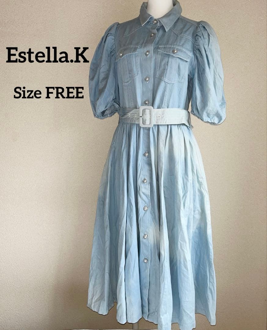 人気商品✨Estella.Kウォッシュデニム加工シャツロングワンピースパール青F