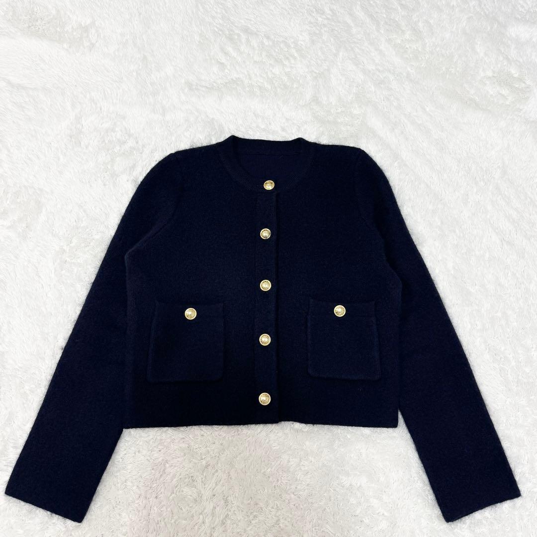 【アニュアンス】今季☆美品☆カシミヤブレンドノーカラーニットジャケットネイビー