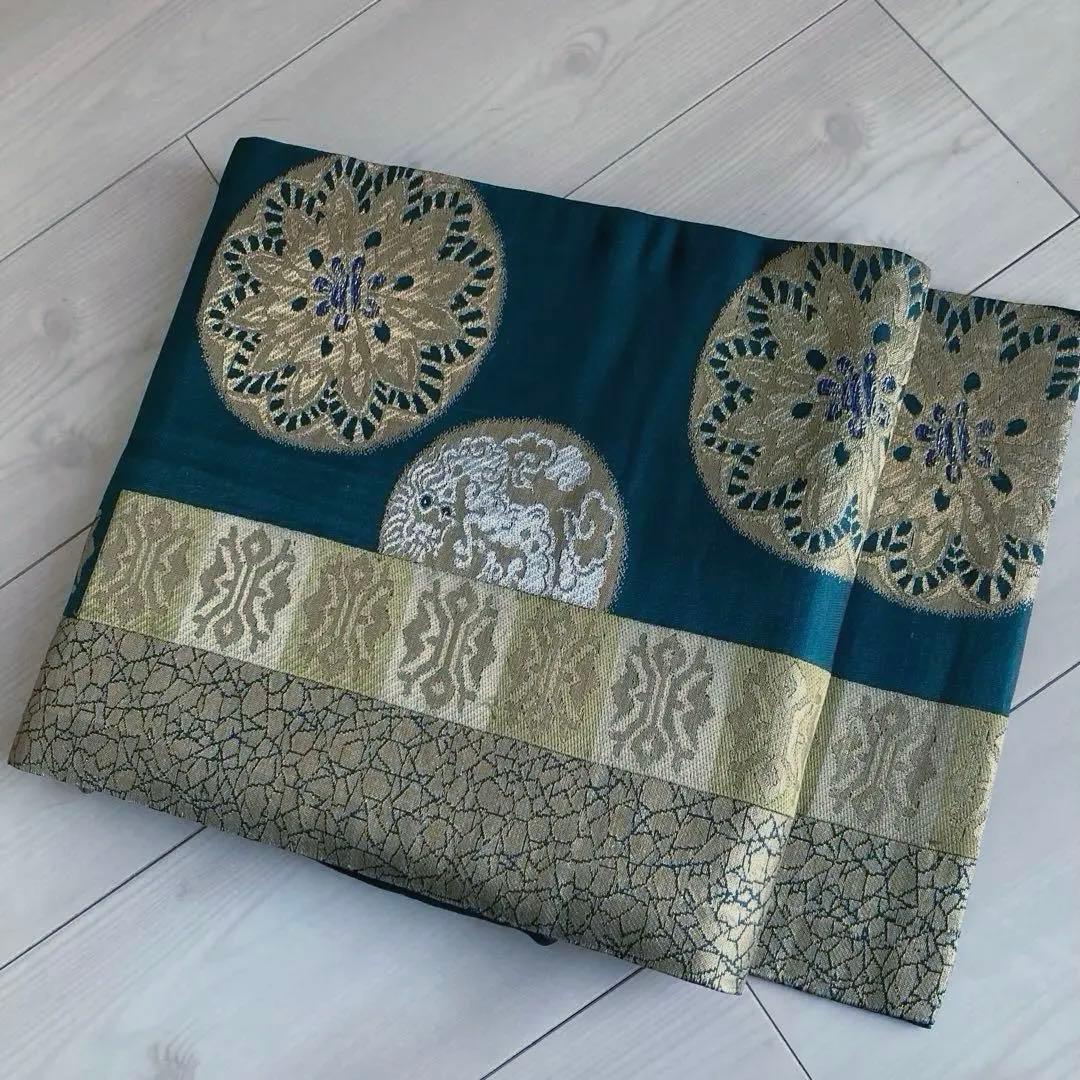 アンティーク名古屋帯　青緑　龍と花模様の織り出し　正絹　大正ロマン　N7-20