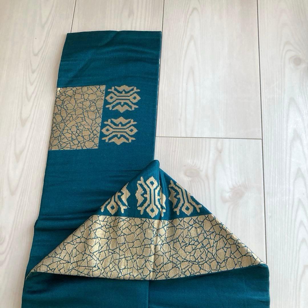 アンティーク名古屋帯　青緑　龍と花模様の織り出し　正絹　大正ロマン　N7-20