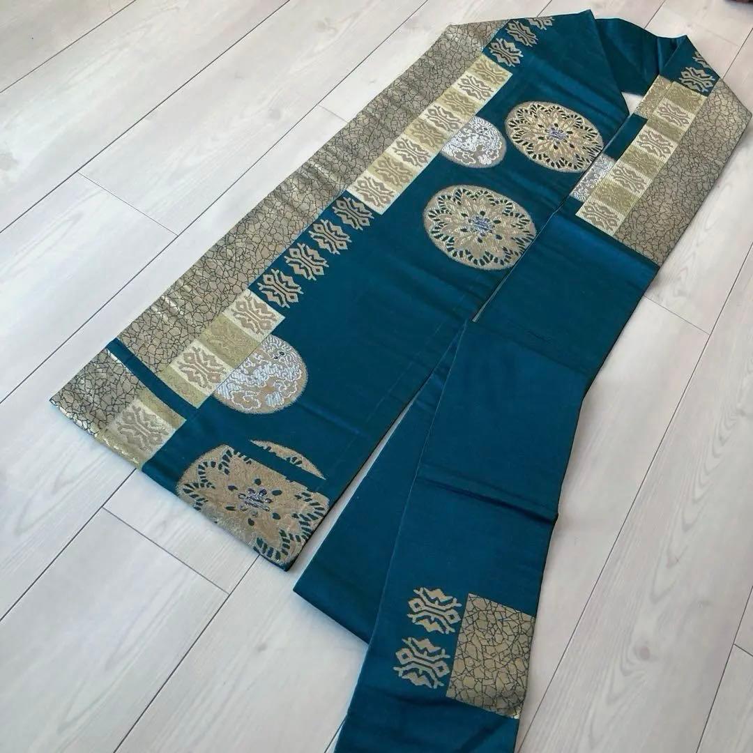 アンティーク名古屋帯　青緑　龍と花模様の織り出し　正絹　大正ロマン　N7-20