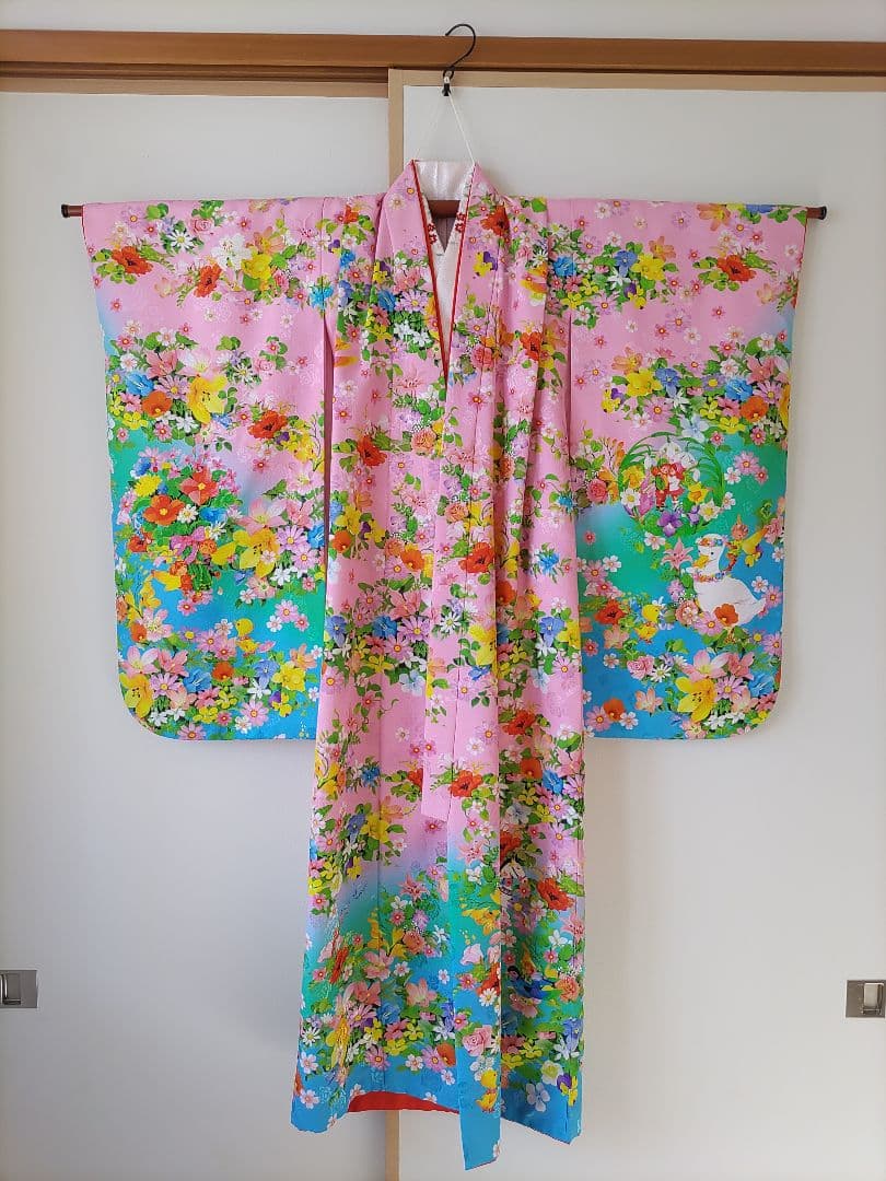 七五三 着物 花柄 7歳　ブランド着物　moe ピンク　水色　フルセット　髪飾り