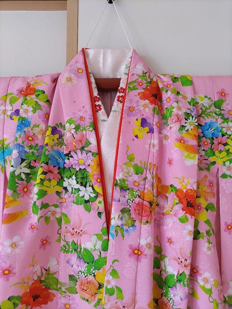 七五三 着物 花柄 7歳　ブランド着物　moe ピンク　水色　フルセット　髪飾り