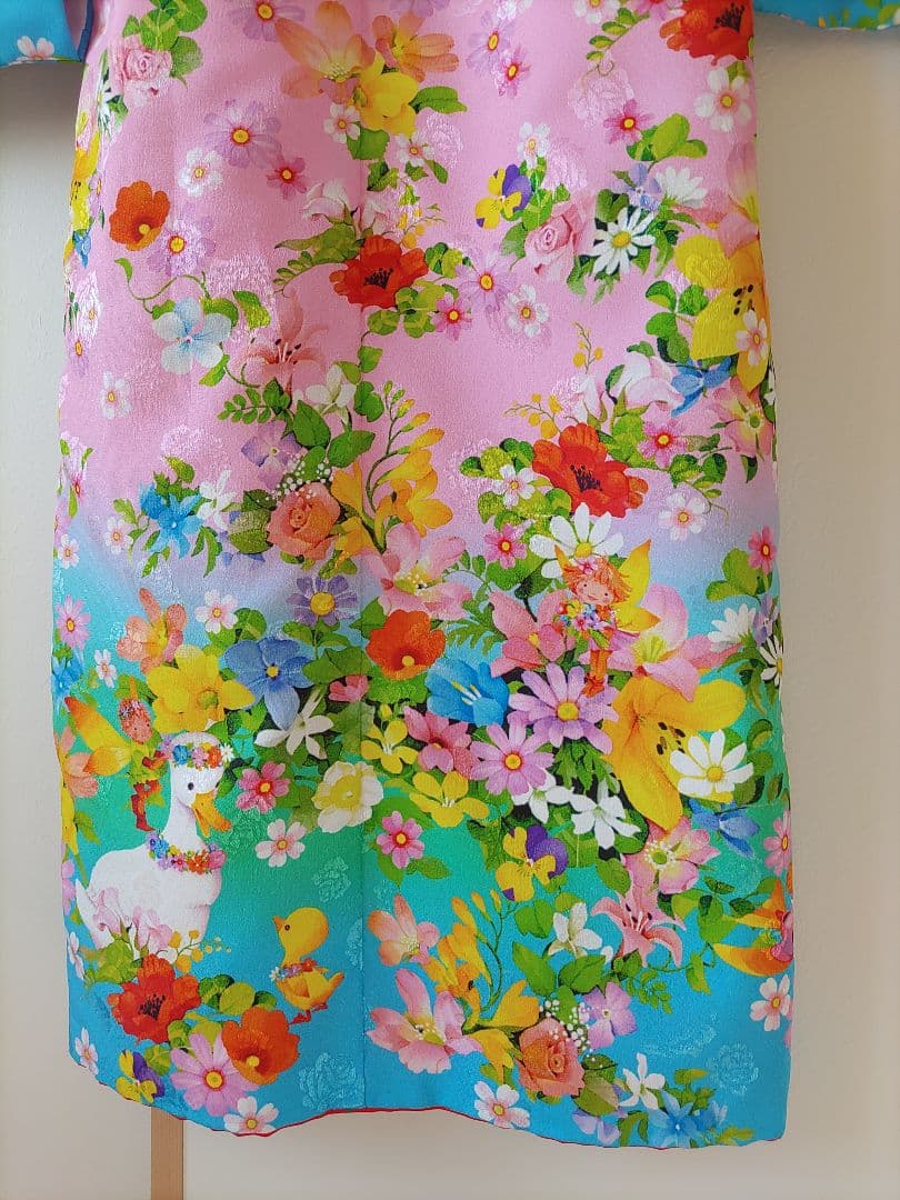 七五三 着物 花柄 7歳　ブランド着物　moe ピンク　水色　フルセット　髪飾り