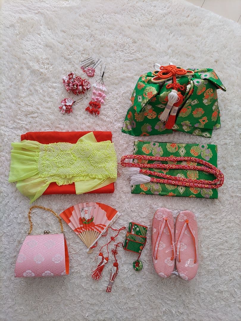 七五三 着物 花柄 7歳　ブランド着物　moe ピンク　水色　フルセット　髪飾り