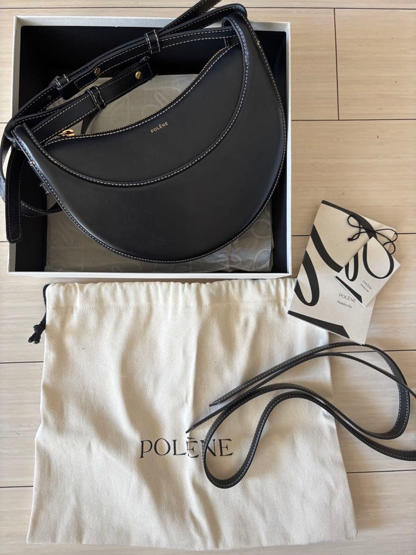 POLENE ブラック レザー ショルダーバッグ
