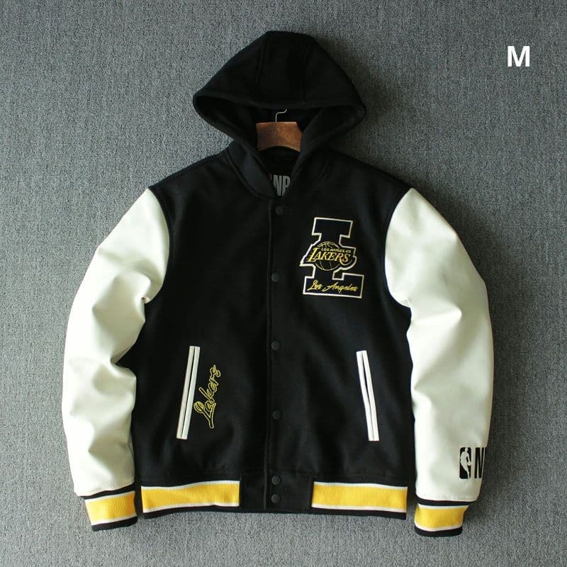 NBA ロサンゼルス レイカーズ 袖レザー 刺繍 フード付きスタジャン M