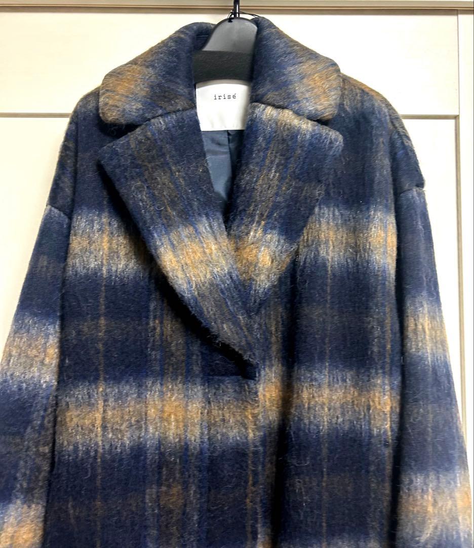 irise ネイビー・ブラウンチェックロングコート