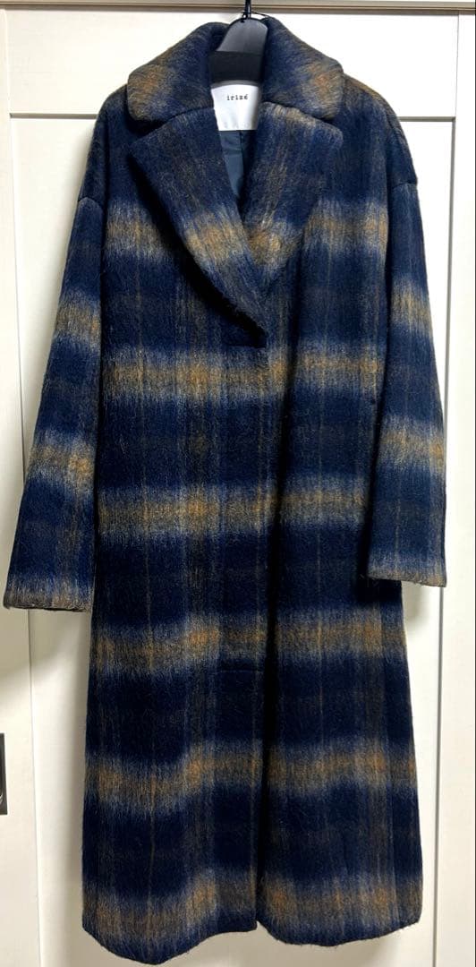 irise ネイビー・ブラウンチェックロングコート