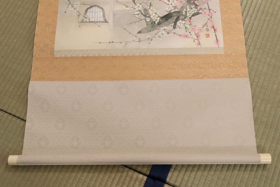 【真作】日本画 宮本昌雄「梅の寺」絹本 掛け軸 木箱 横物 MA434