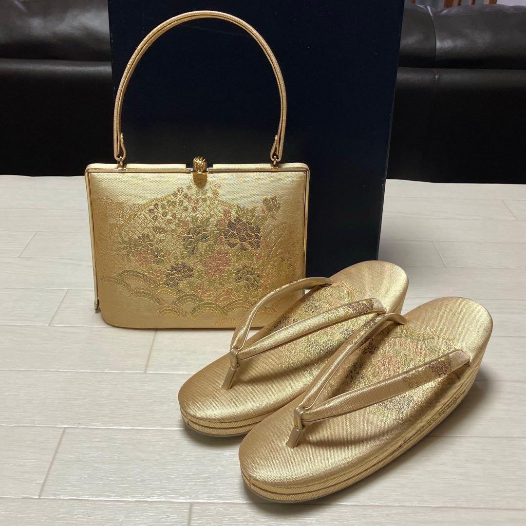 《美品》東京芝山　佐賀錦　草履バッグセット　ゴールド