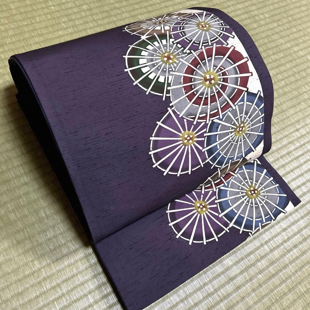 正絹　紬　袋帯《型染め　和傘》