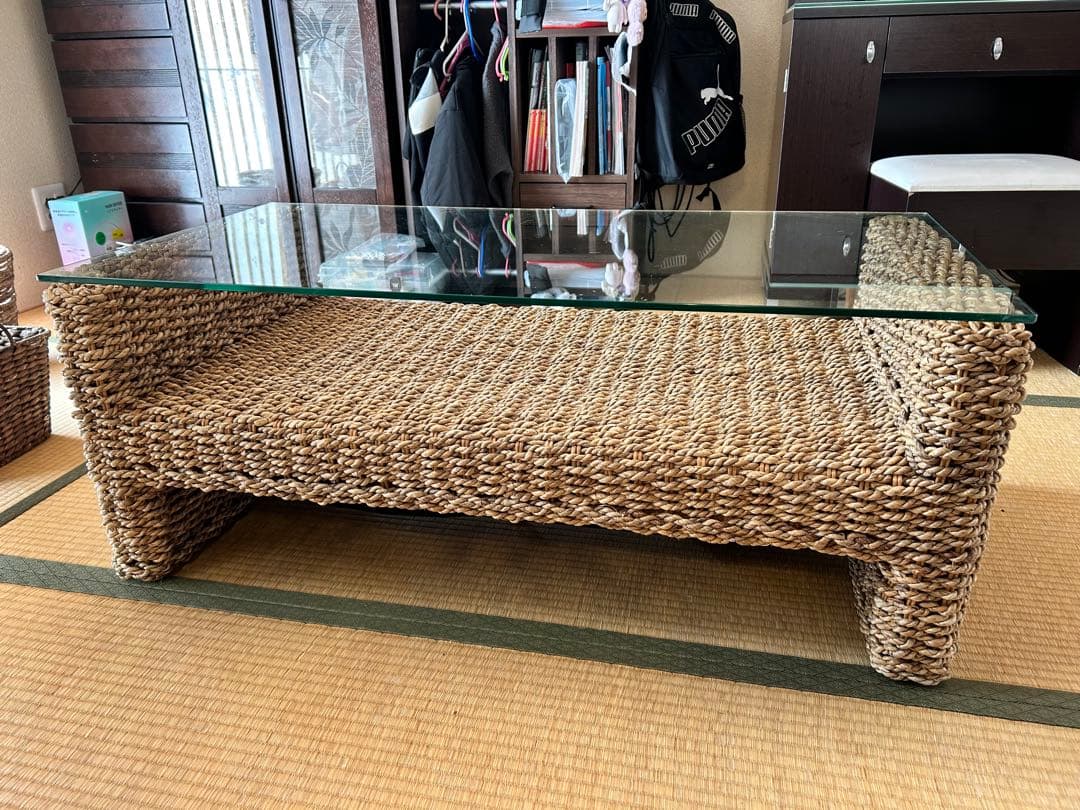 アジアン　ローテーブル　ウォーターヒヤシンス　アバカ　ガラステーブル引き渡し限定