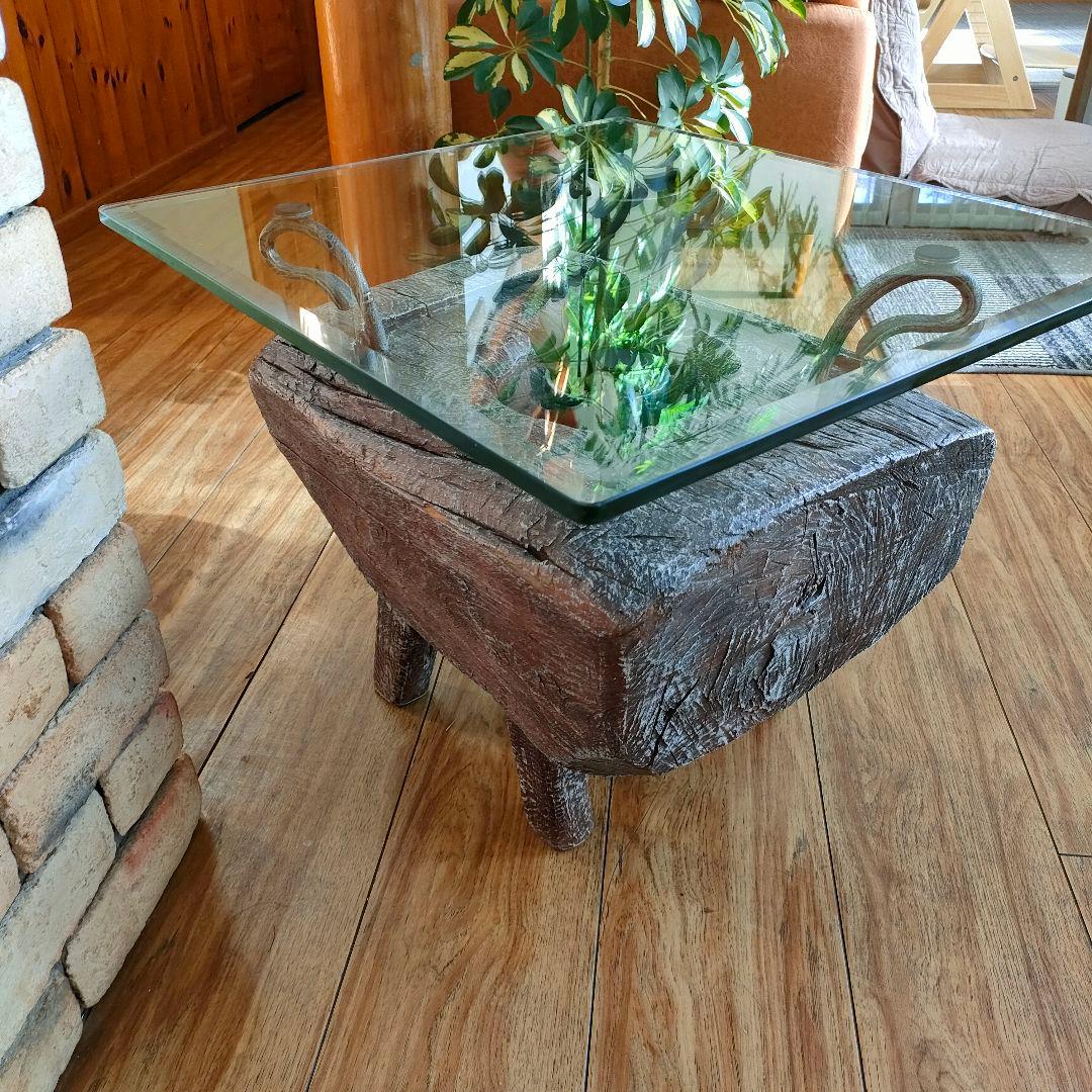 KAJA 古木 ガラス天板 ローテーブル アジアン リゾート モダンインテリア