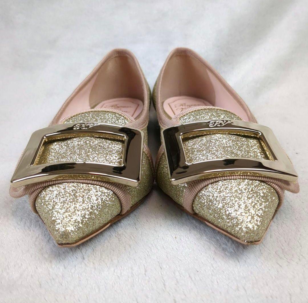 ロジェヴィヴィエ フラットシューズ スクエアバックル ゴールド サイズ35