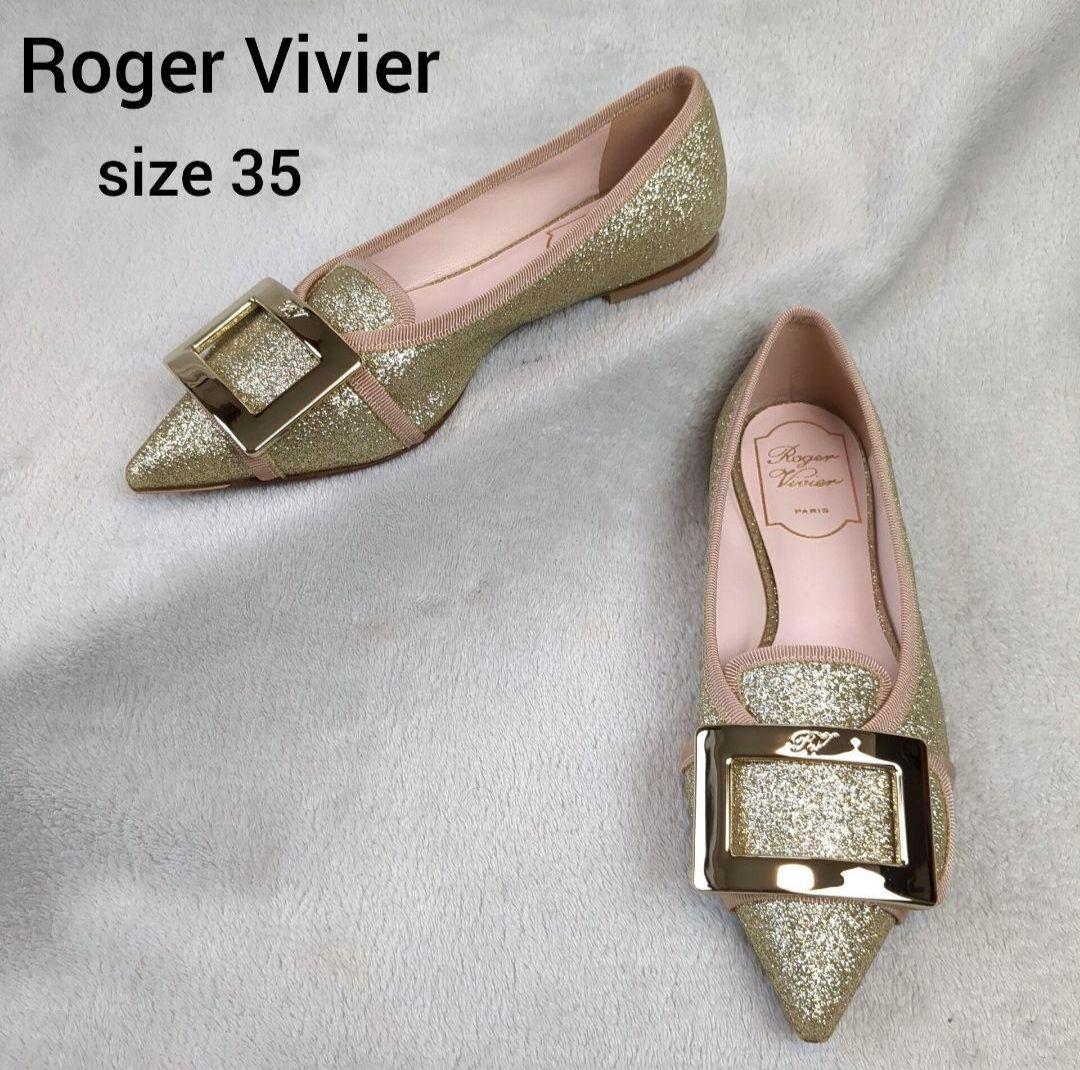 ロジェヴィヴィエ フラットシューズ スクエアバックル ゴールド サイズ35