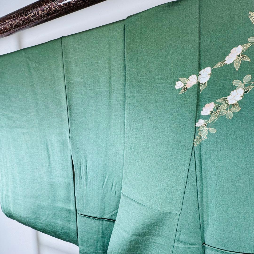 超美品　正絹　袷　現代　広襟　訪問着　着物　紋無し　161㎝　緑　光沢　金彩