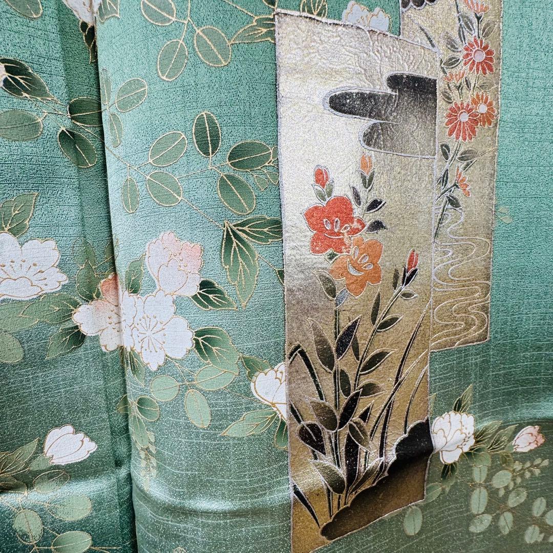 超美品　正絹　袷　現代　広襟　訪問着　着物　紋無し　161㎝　緑　光沢　金彩