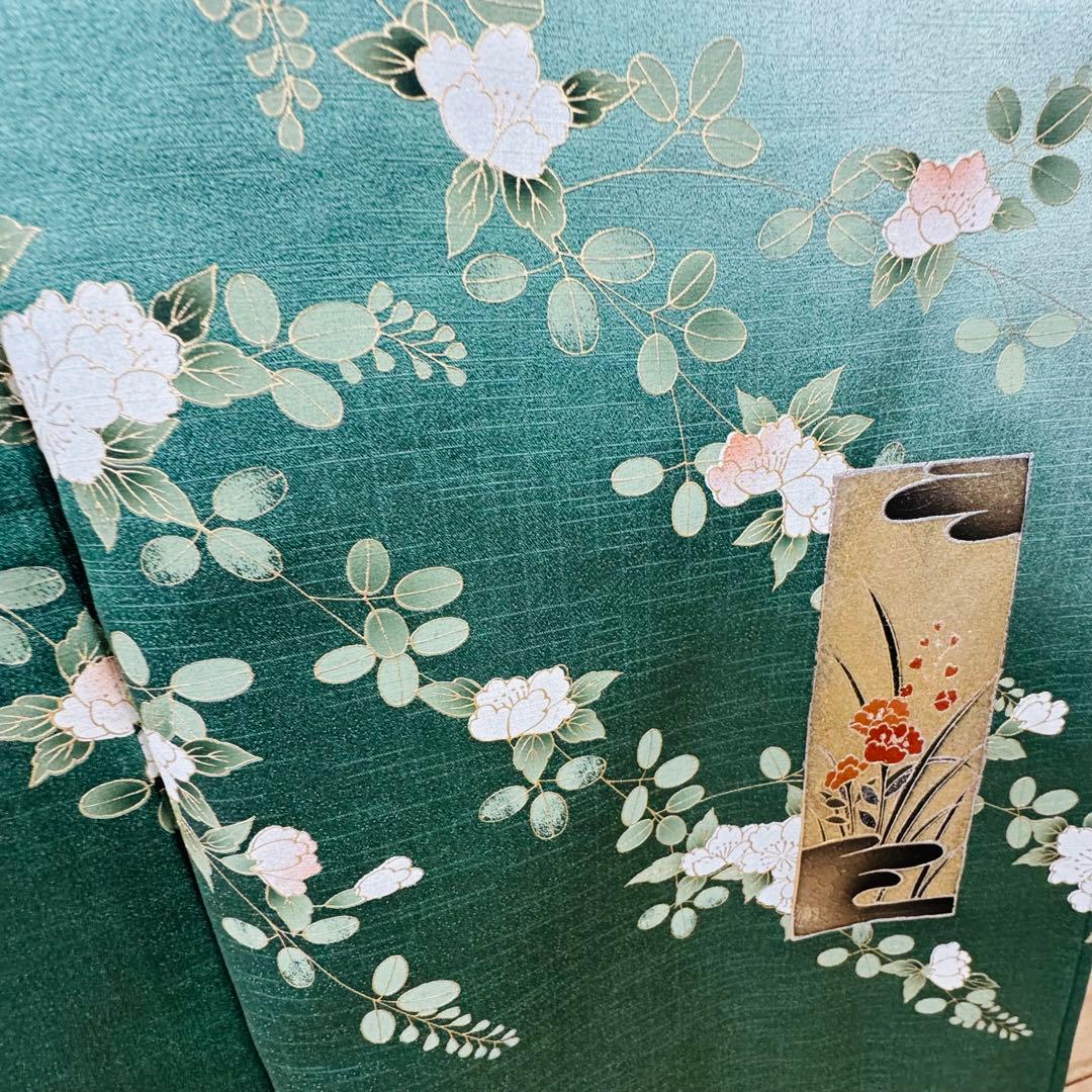超美品　正絹　袷　現代　広襟　訪問着　着物　紋無し　161㎝　緑　光沢　金彩