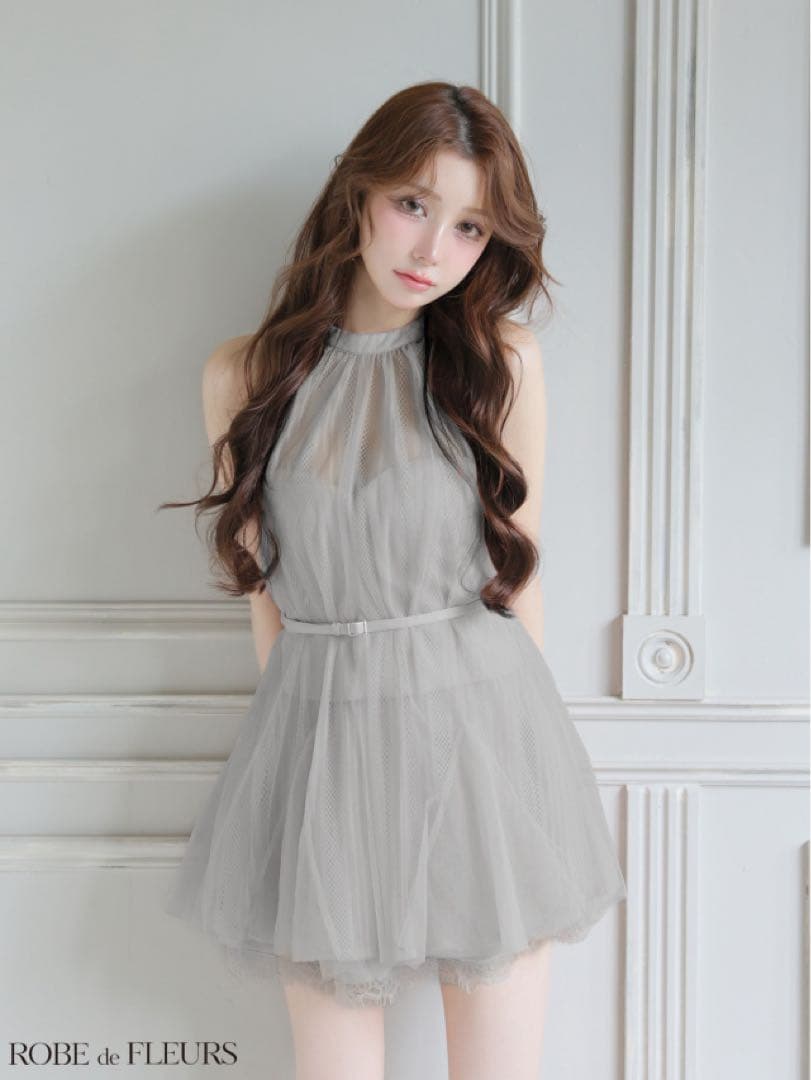 ROBE de FLEURS ハイネックウエストリボンフレアミニキャバドレス