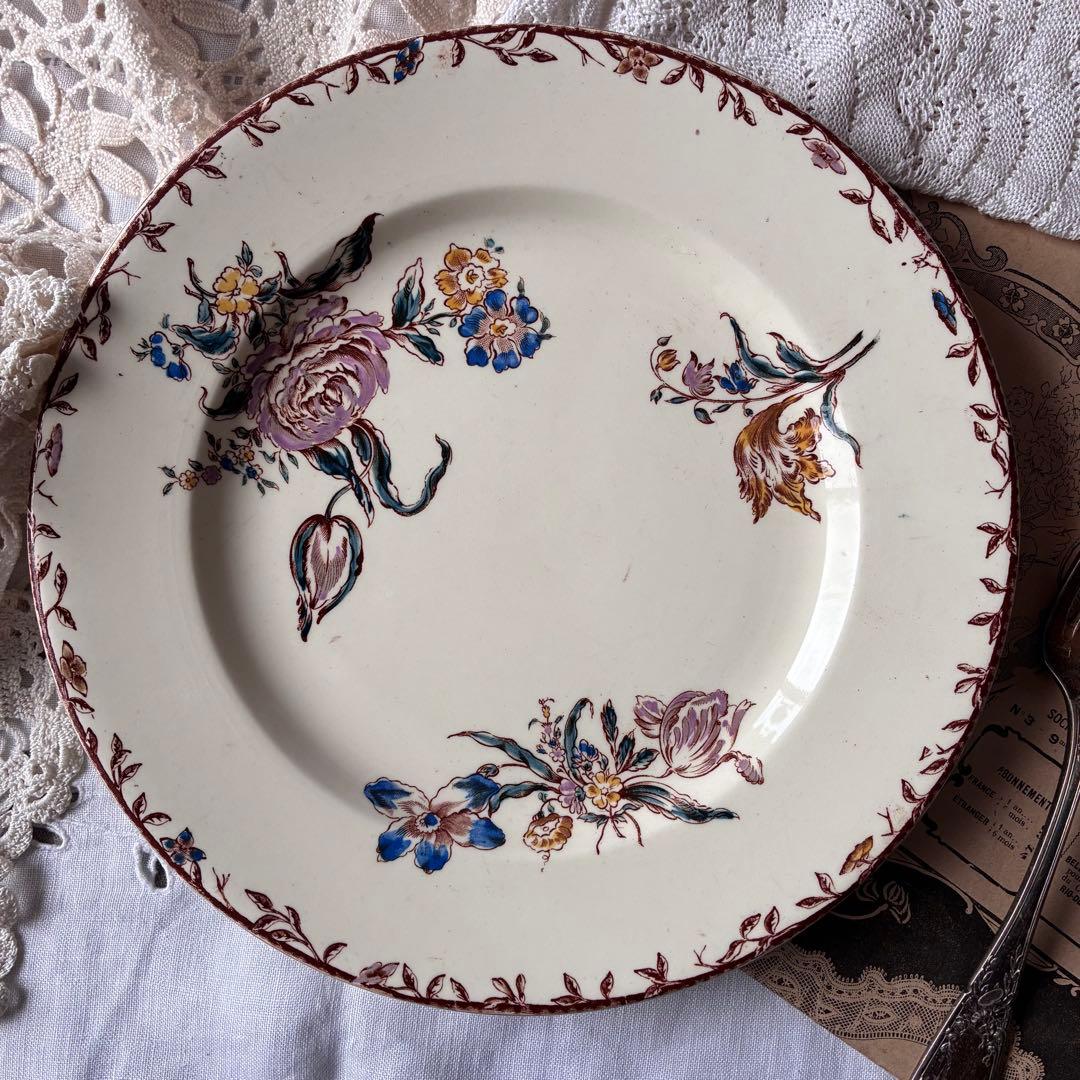 フランス　アンティーク　プレート　a saxe 手彩色　多色刷り　ぽってり