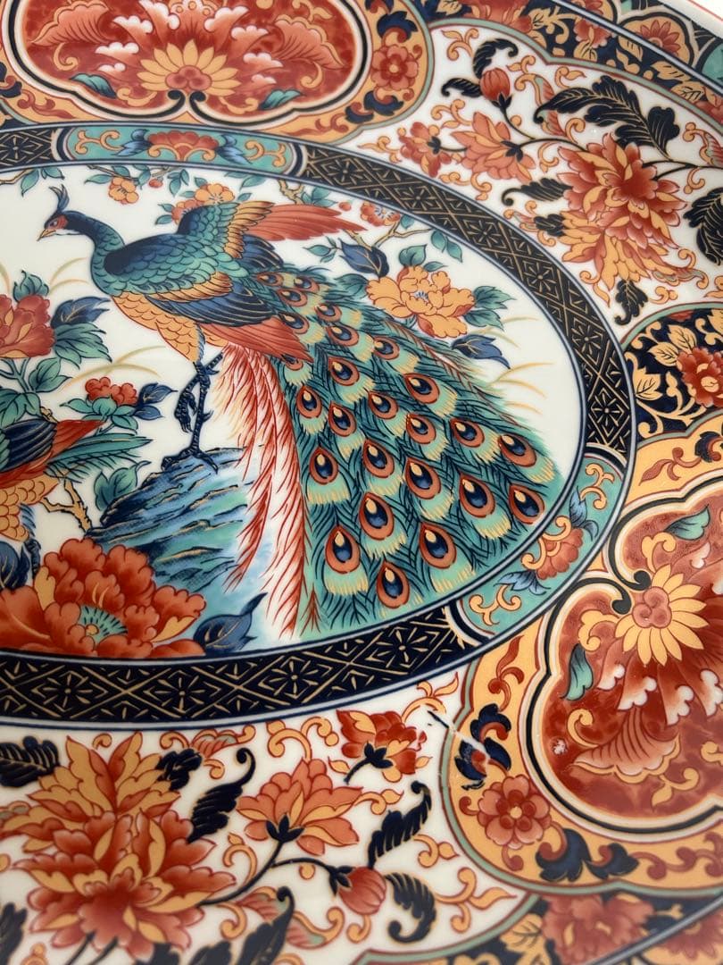 有田焼 丸今窯 古伊万里 孔雀絵 大皿 豪華絢爛 飾り皿 花鳥 牡丹 色絵 美品