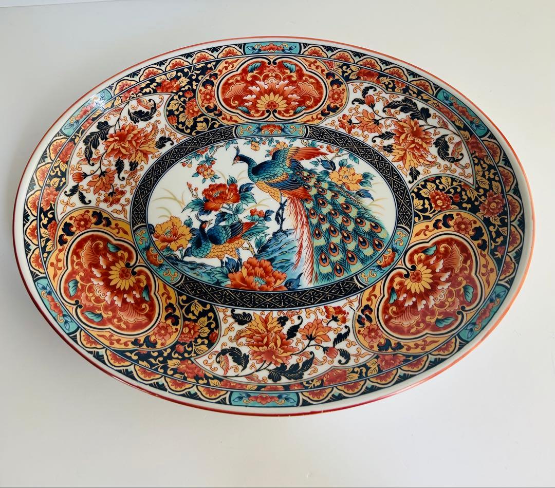 有田焼 丸今窯 古伊万里 孔雀絵 大皿 豪華絢爛 飾り皿 花鳥 牡丹 色絵 美品