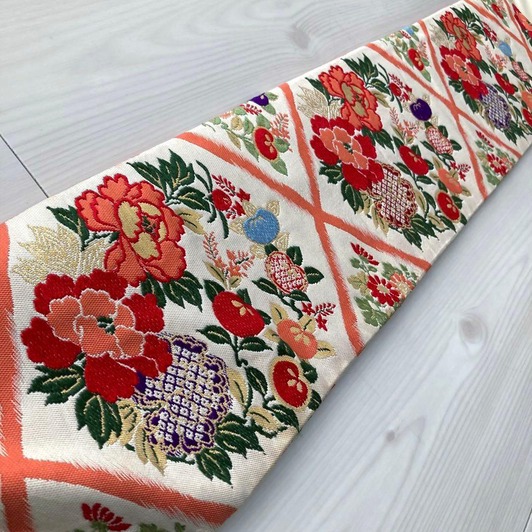 アンティーク名古屋帯　織り出し花模様　アイボリー　正絹　大正ロマンNo.28