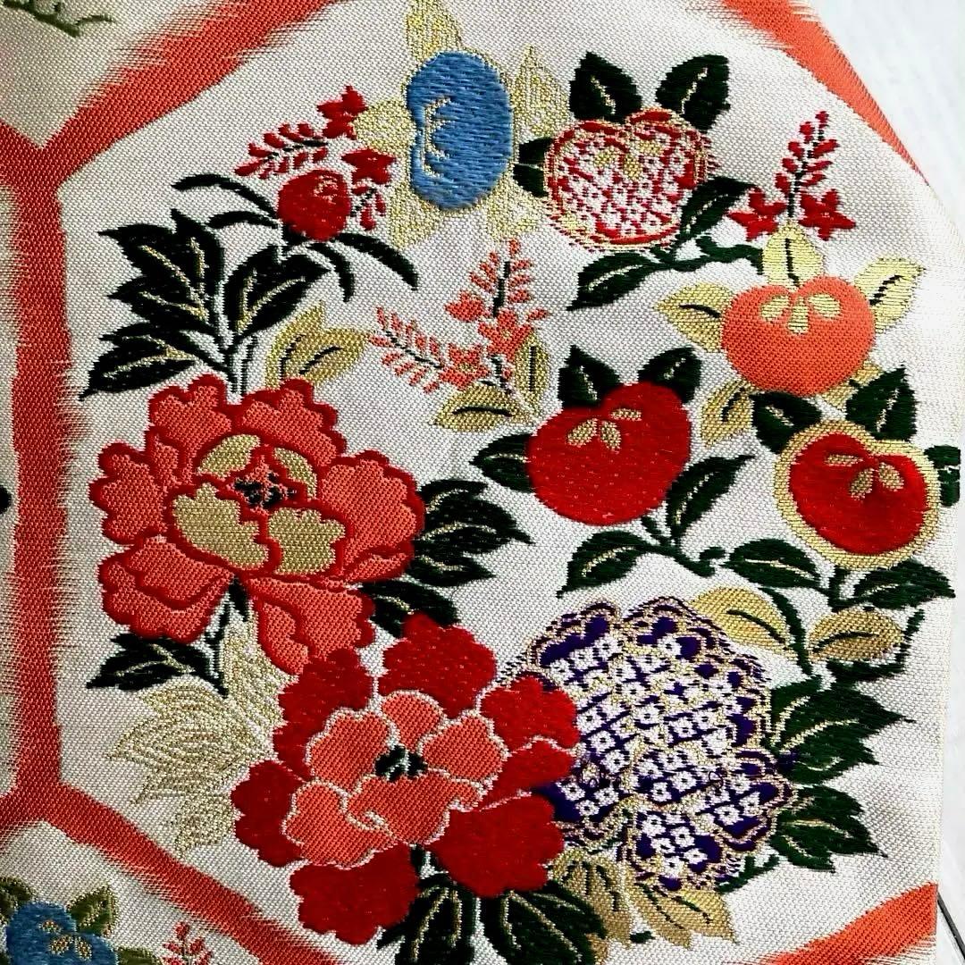 アンティーク名古屋帯　織り出し花模様　アイボリー　正絹　大正ロマンNo.28