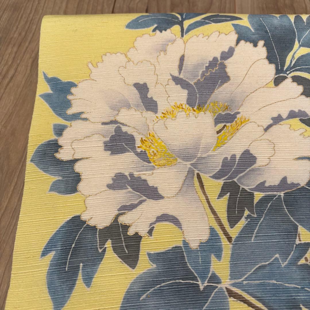 未使用　正絹　現代　名古屋帯　着物　和装　レモンイエロー　薄黄色　牡丹　364