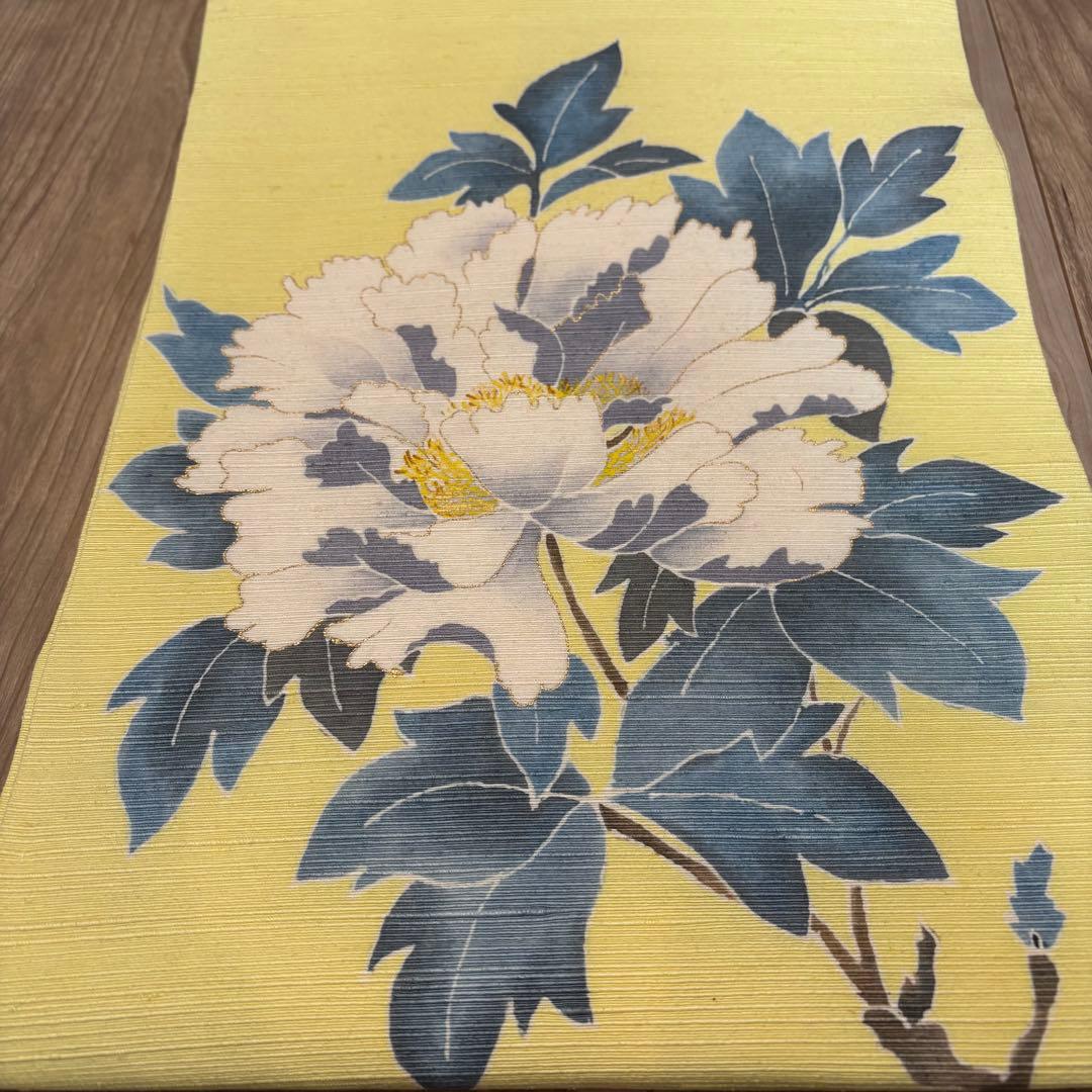 未使用　正絹　現代　名古屋帯　着物　和装　レモンイエロー　薄黄色　牡丹　364