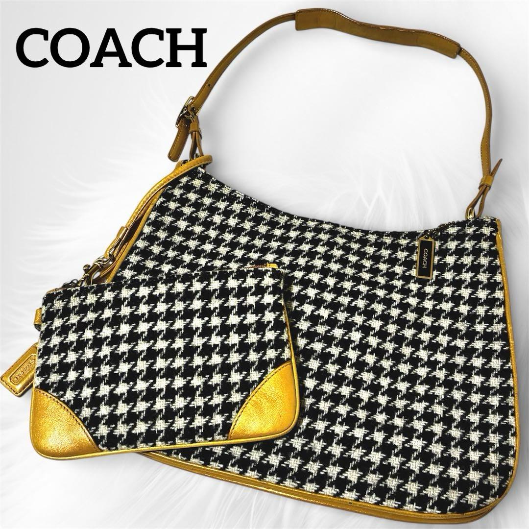 美品 COACH ワンショルダー バッグ アクセサリーポーチ チェック 千鳥格子