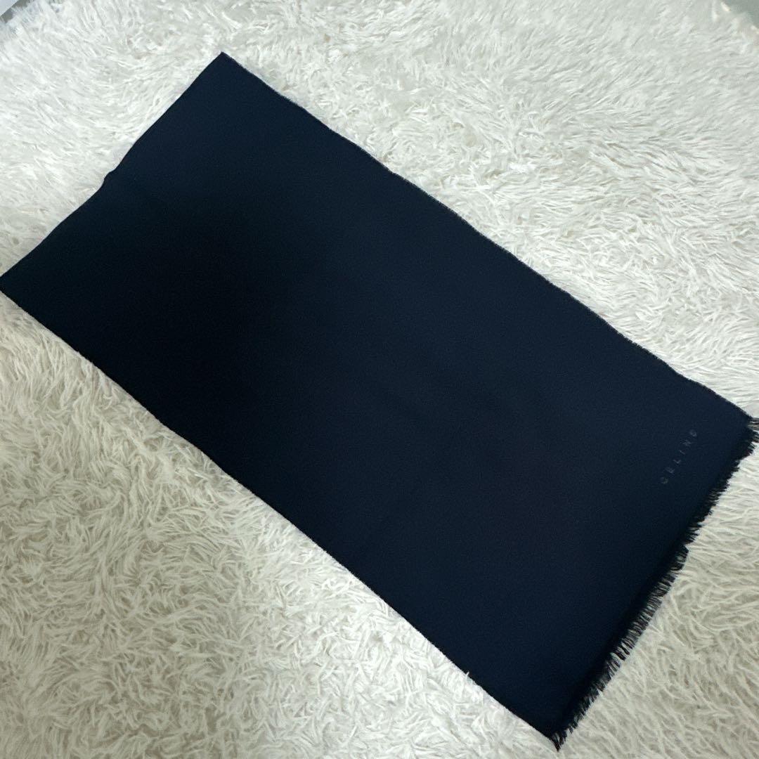 希少 CELINE ネイビー マフラー ストール フリンジ付き Cマカダム柄
