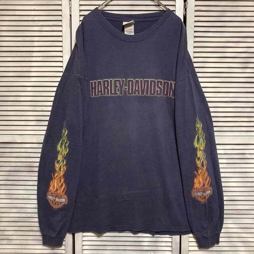 BMEB ロゴ Tシャツ 長袖 古着 紺色 ハーレー ダビッドソン 袖 プリント