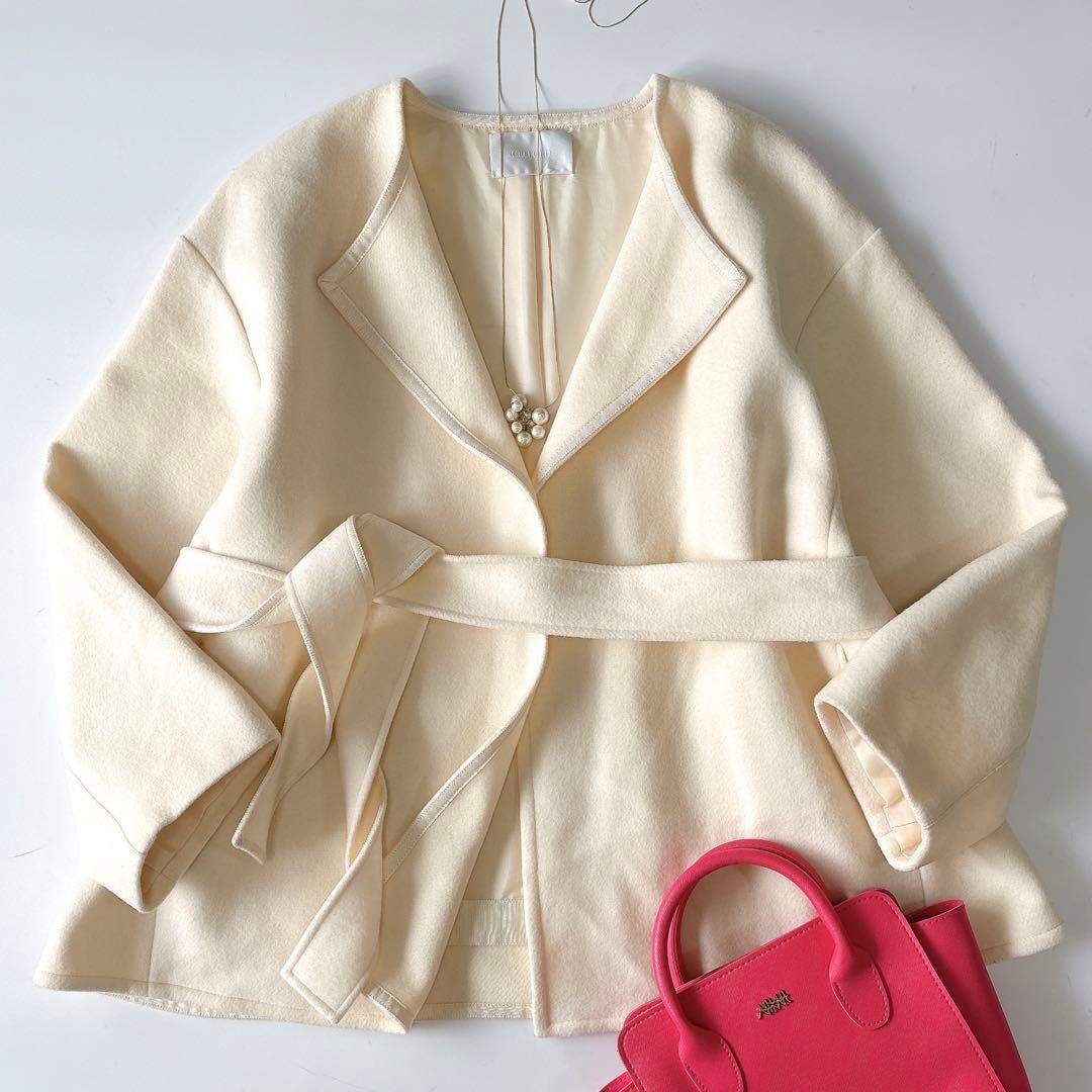 美品⁑セルフォード　ノーカラーショートコート　　アイボリー　36 Aライン　春