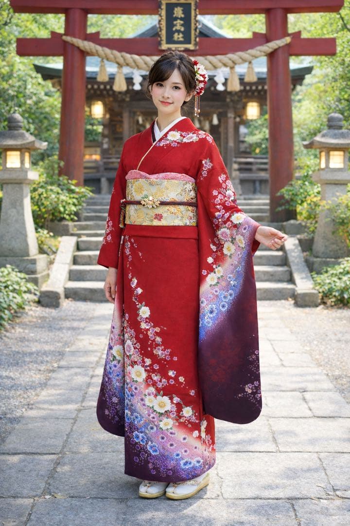 美品⭐︎京都きもの友禅⭐︎赤花柄振袖 正絹 一式セット⭐︎