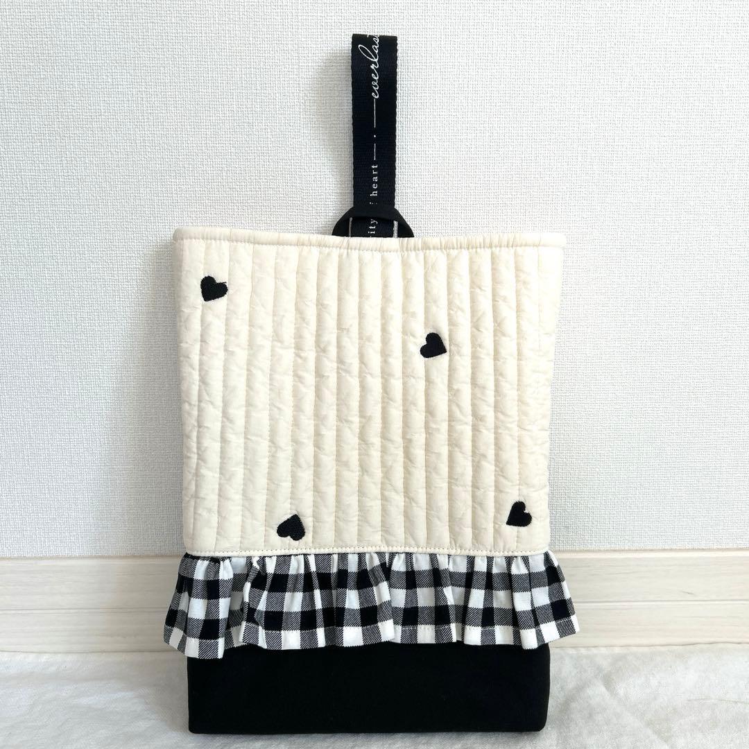 入園入学3点セット　【黒ハートヌビ×黒チェック】　女の子　レッスンバッグ　上靴袋