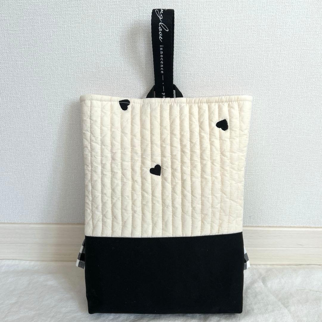 入園入学3点セット　【黒ハートヌビ×黒チェック】　女の子　レッスンバッグ　上靴袋