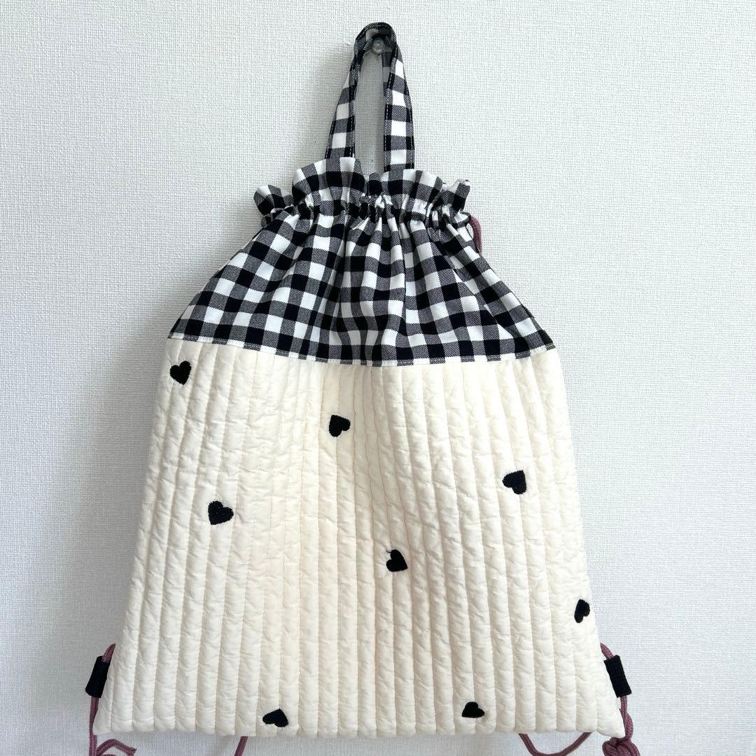 入園入学3点セット　【黒ハートヌビ×黒チェック】　女の子　レッスンバッグ　上靴袋