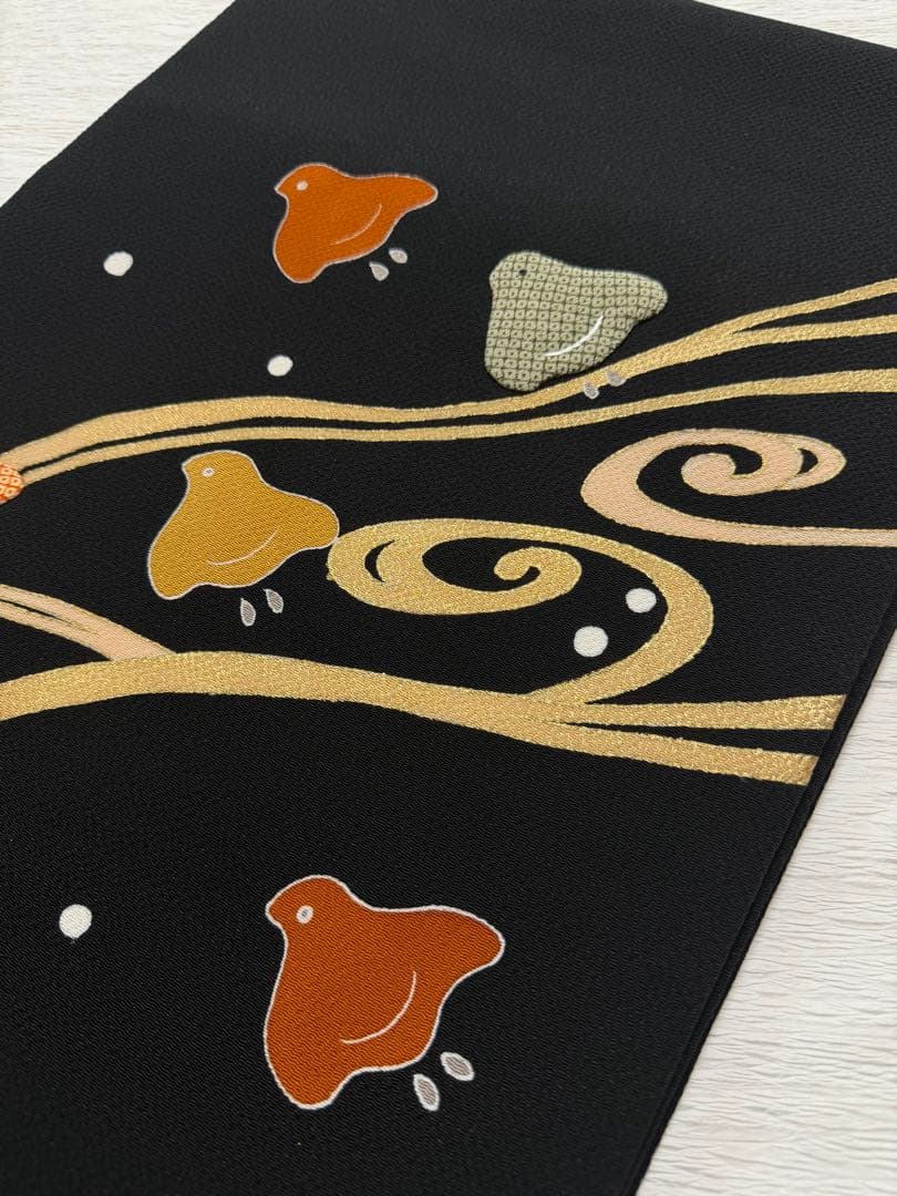 m118 ホリヒロシ 千鳥 流水　名古屋帯 縮緬 名古屋帯 正絹 黒地