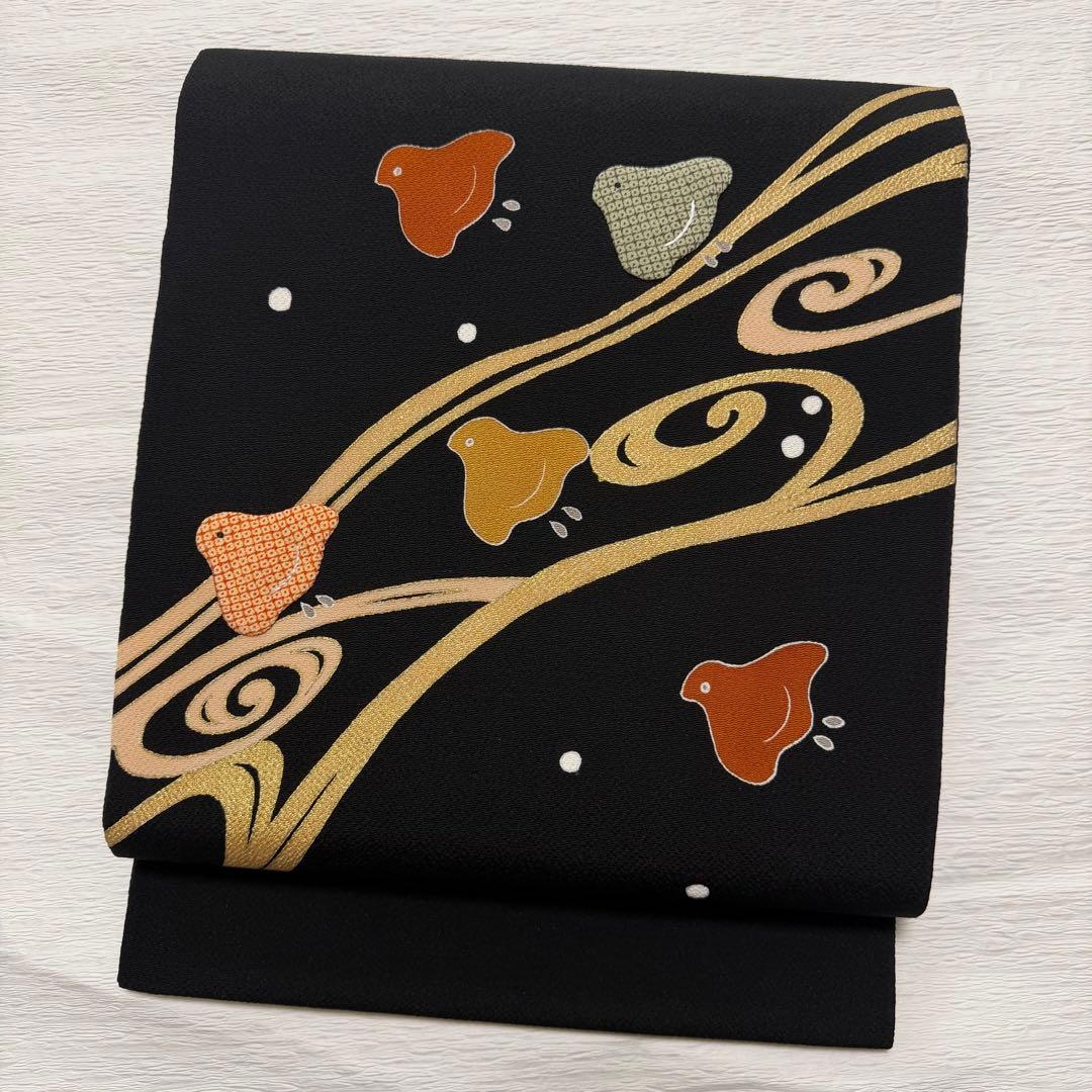 m118 ホリヒロシ 千鳥 流水　名古屋帯 縮緬 名古屋帯 正絹 黒地