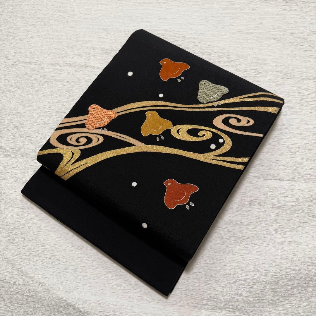 m118 ホリヒロシ 千鳥 流水　名古屋帯 縮緬 名古屋帯 正絹 黒地