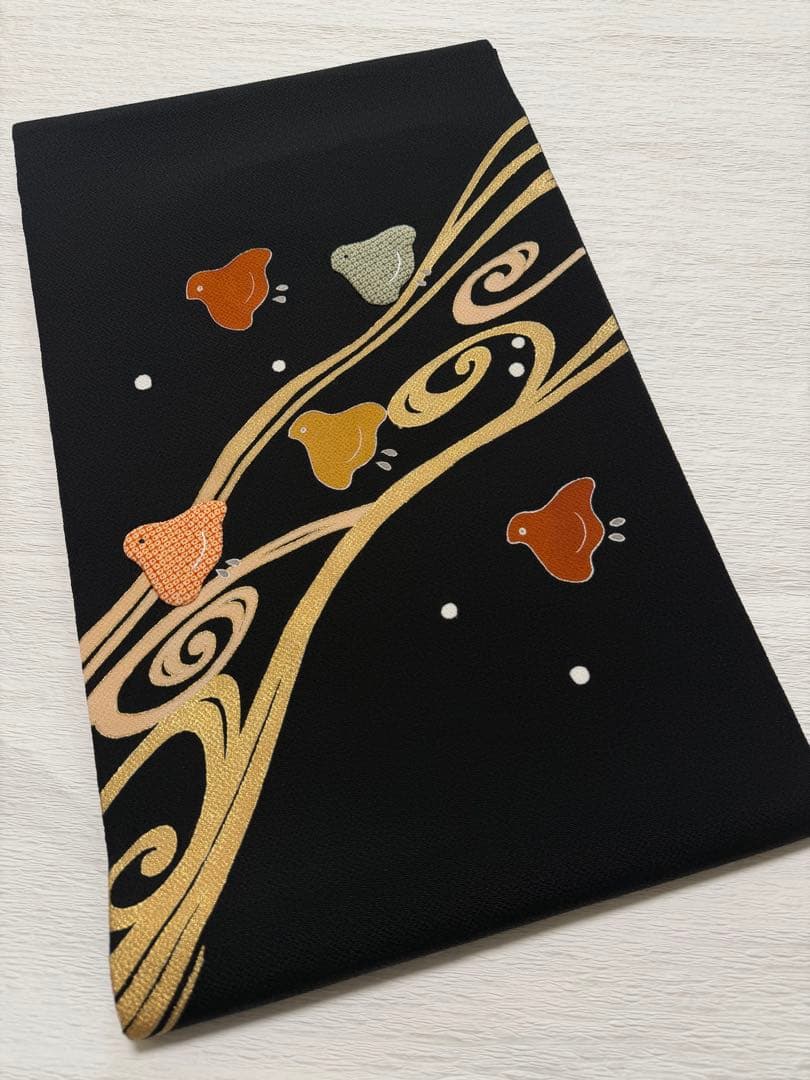 m118 ホリヒロシ 千鳥 流水　名古屋帯 縮緬 名古屋帯 正絹 黒地