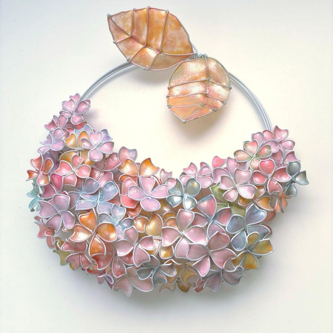 一点物　スノーピンク紫陽花リース　ワイヤークラフト　ディップアート