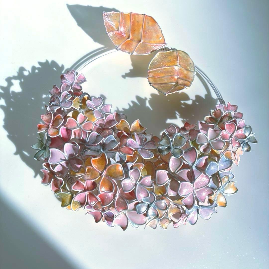 一点物　スノーピンク紫陽花リース　ワイヤークラフト　ディップアート