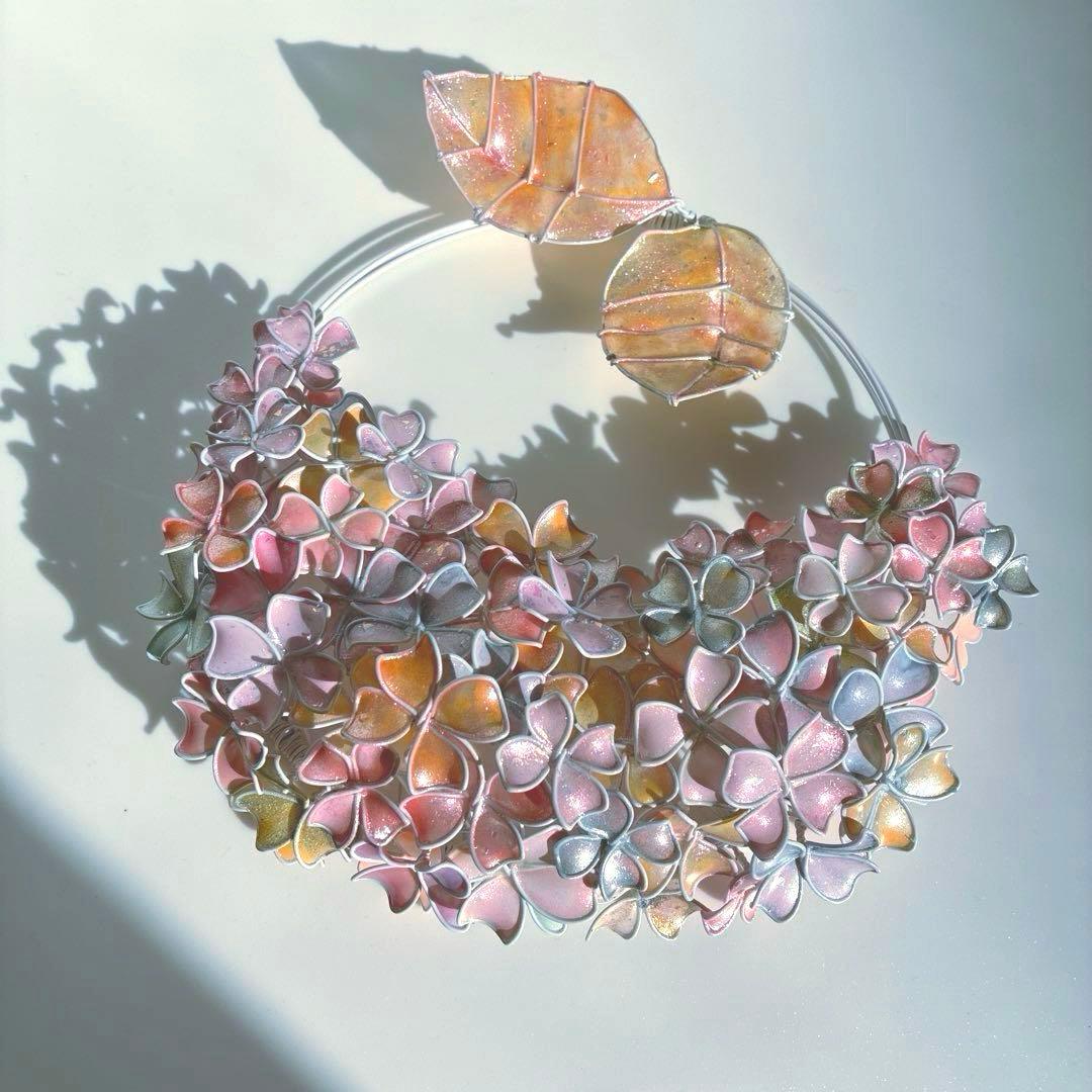 一点物　スノーピンク紫陽花リース　ワイヤークラフト　ディップアート