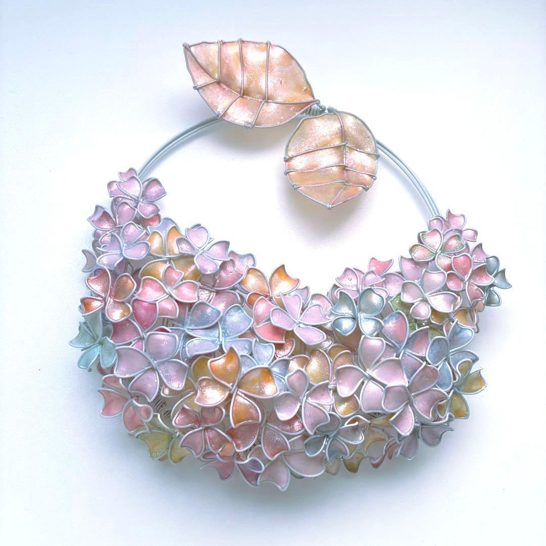 一点物　スノーピンク紫陽花リース　ワイヤークラフト　ディップアート