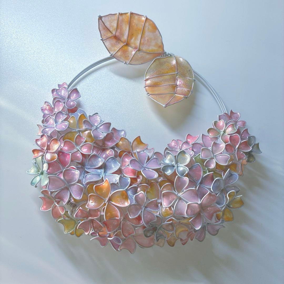 一点物　スノーピンク紫陽花リース　ワイヤークラフト　ディップアート