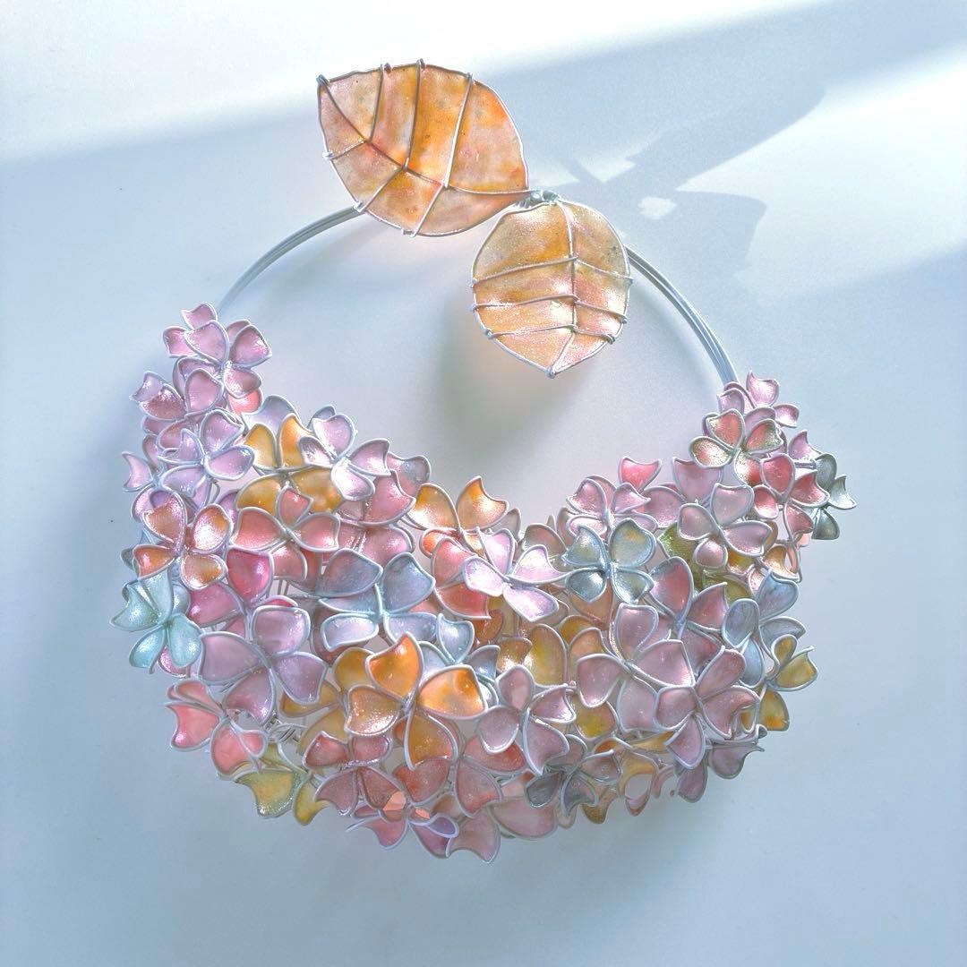 一点物　スノーピンク紫陽花リース　ワイヤークラフト　ディップアート