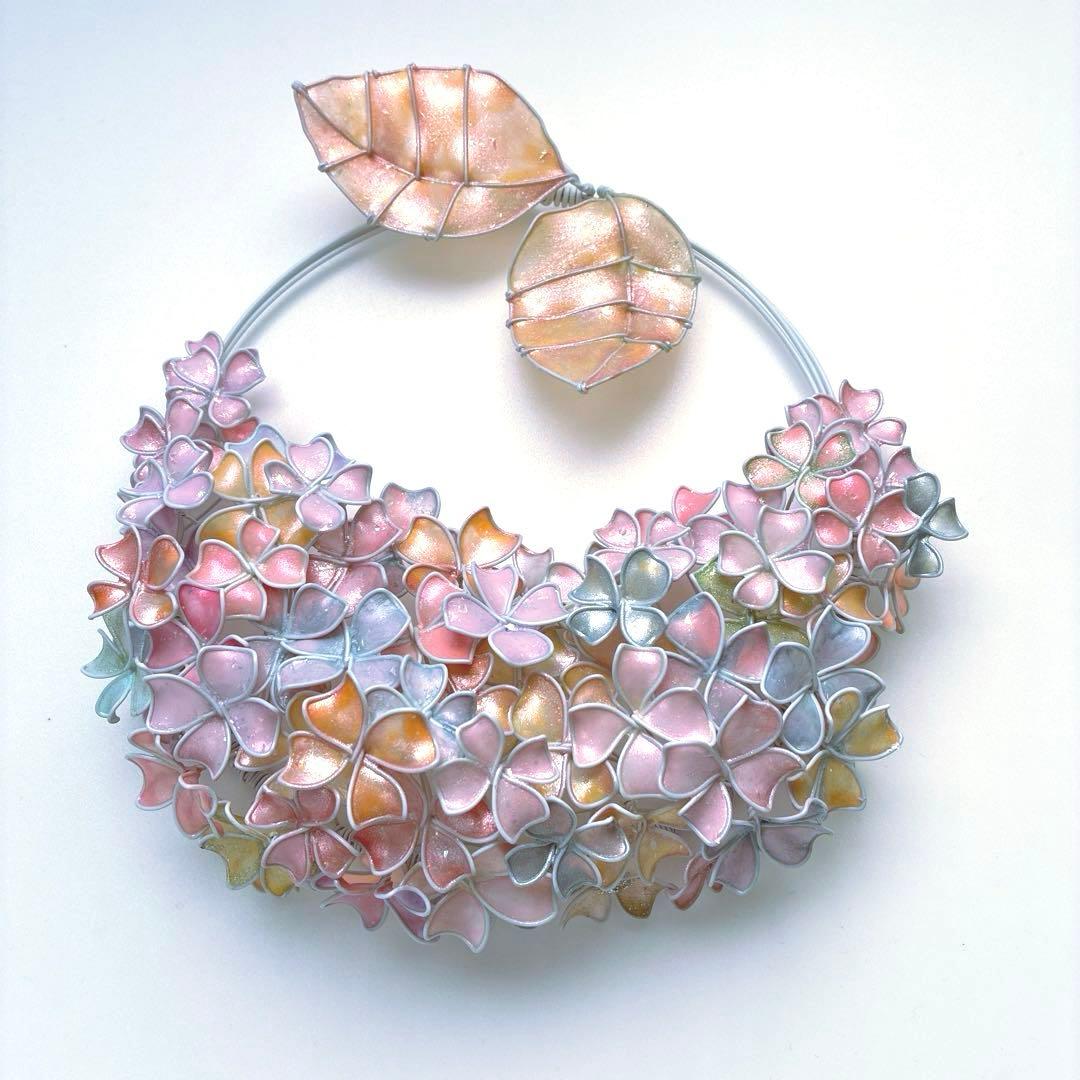 一点物　スノーピンク紫陽花リース　ワイヤークラフト　ディップアート